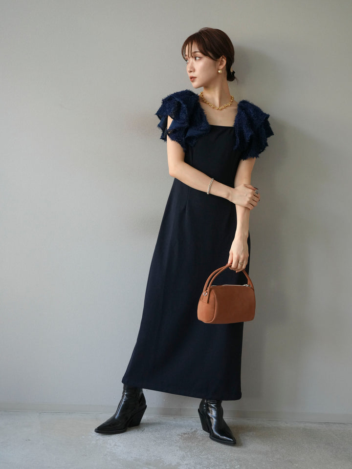 [予約]ジャガードフレアスリーブドレス/ネイビー
