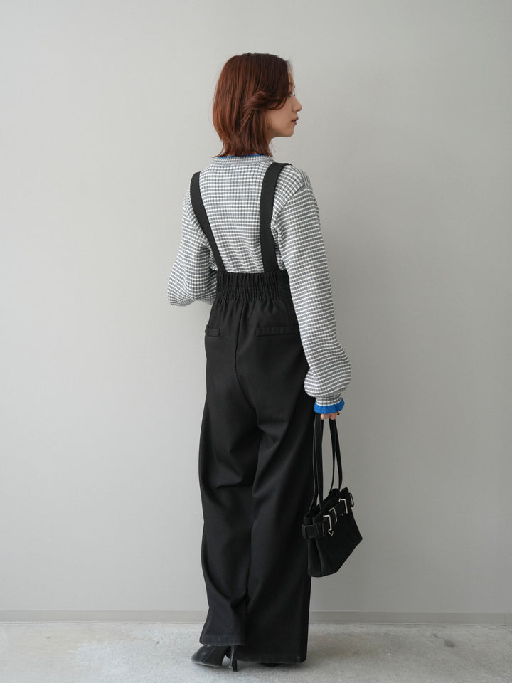 [SET]ラメ異素材ボーダーリブニットプルオーバー+ゴールドボタンサスペンダーワイドパンツ(2set)