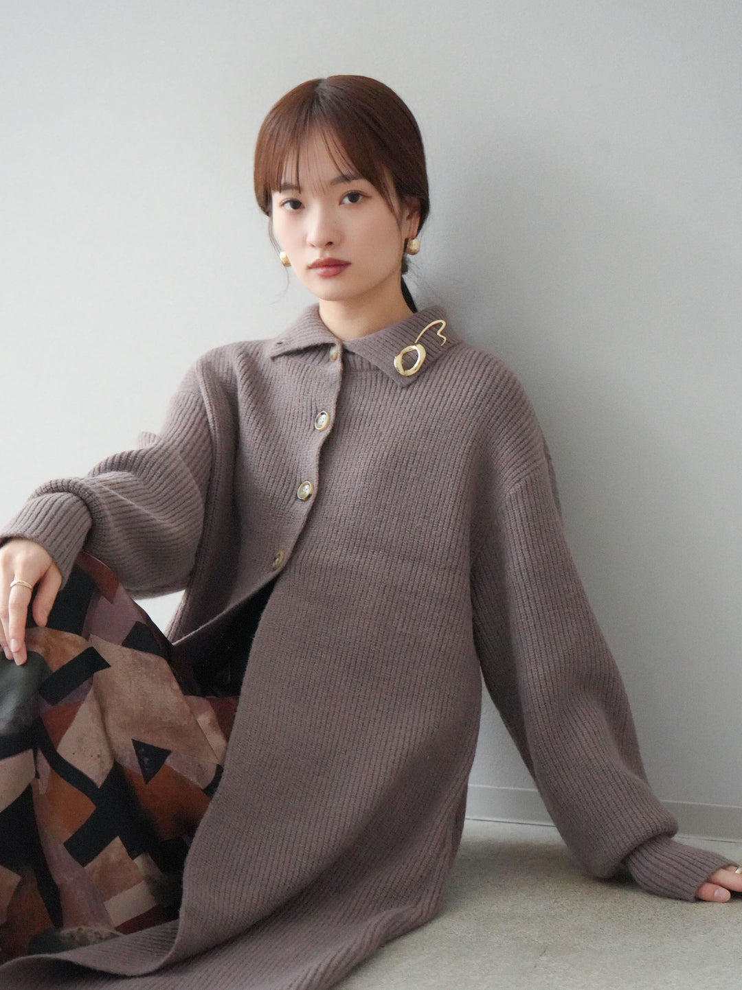 [予約]ハイネックニットロングカーディガン/モカ