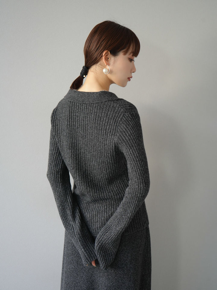 [預訂] 鉤眼細部領口針織開襟衫/炭灰