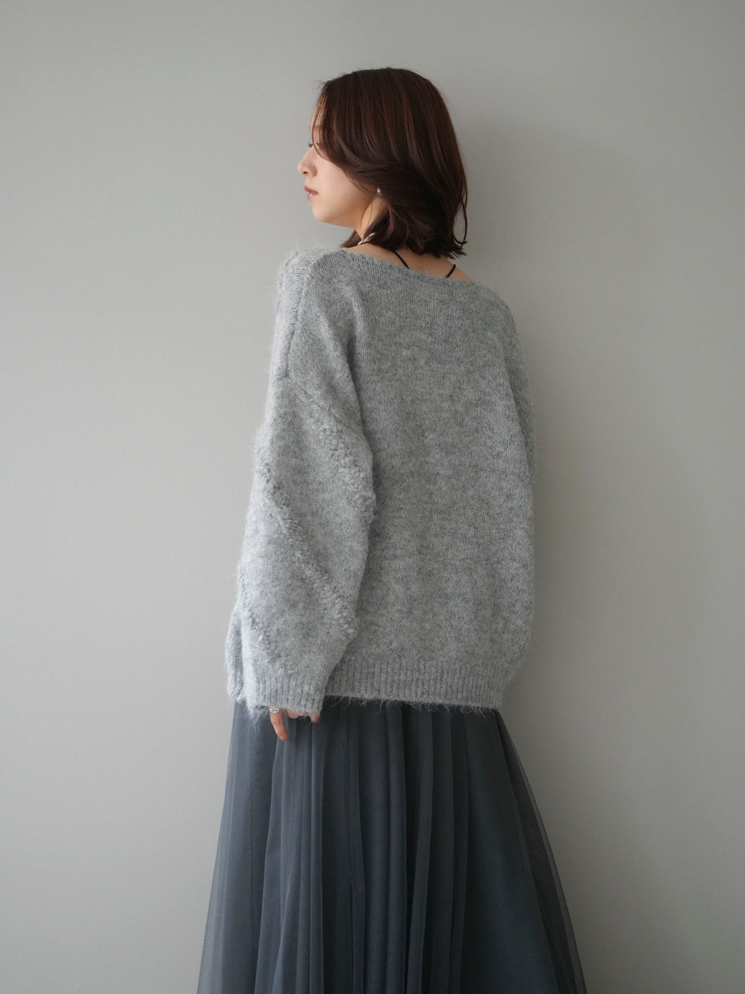 [予約]ブークレラインデザインニットプルオーバー/gray