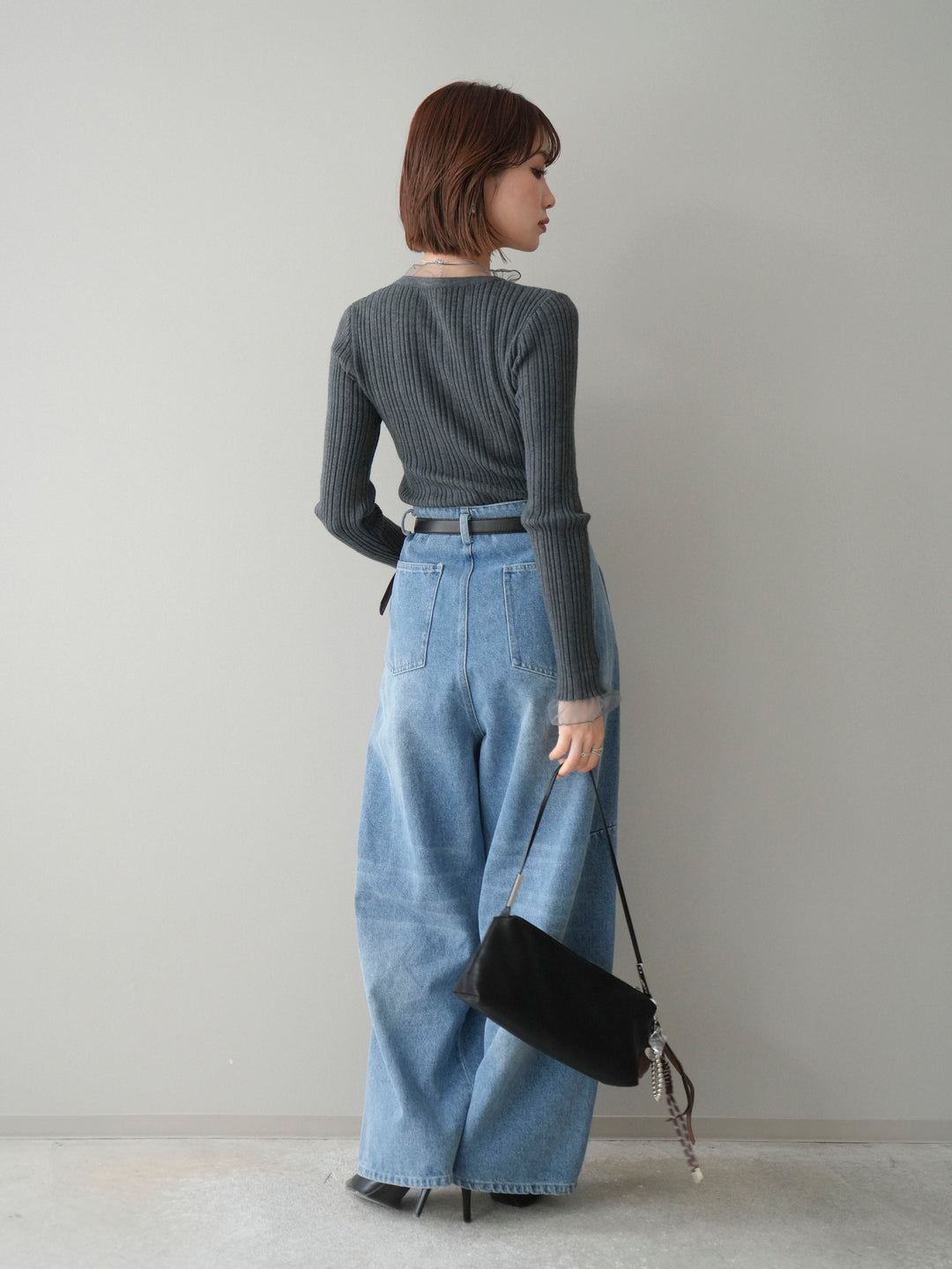 [SET]チュールドッキングリブニットトップス+ハイウエストベルトループデザインデニムパンツ(2set)
