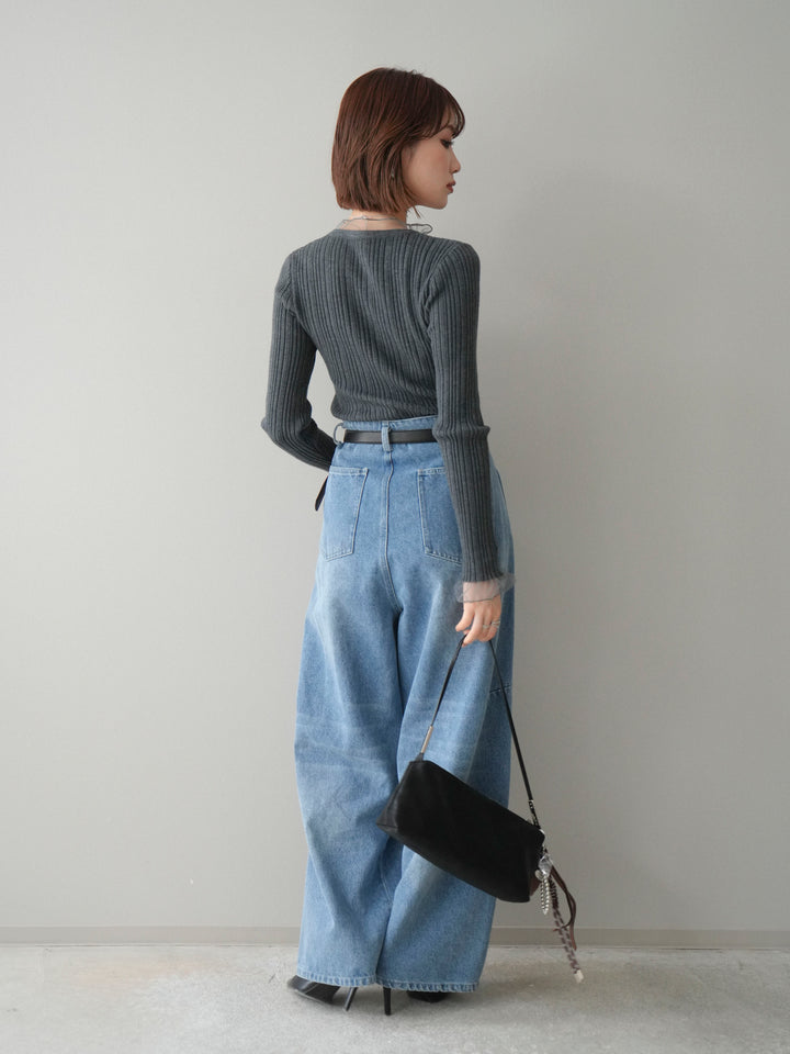 [SET]チュールドッキングリブニットトップス+ハイウエストベルトループデザインデニムパンツ(2set)