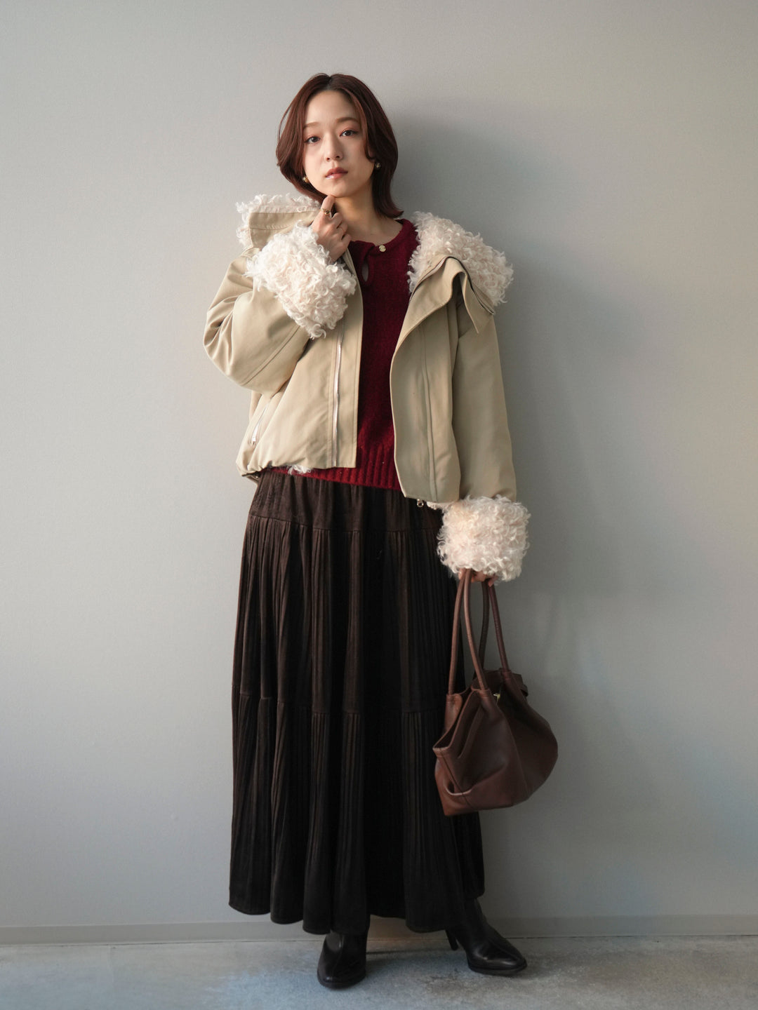 [SET]プードルファーダウンジャケット+ベロアティアードワッシャースカート(2set)