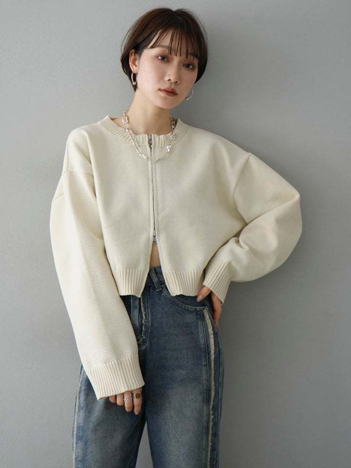 [SET] Double zip cropped knit cardigan + fringe boyfriend denim (2set)