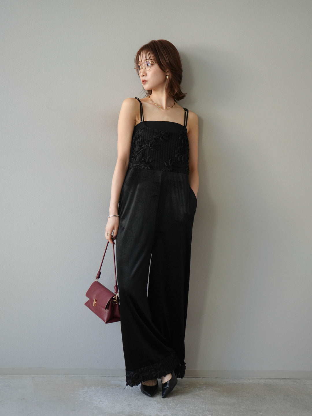 [予約]ジャガード切替ベロアサロペット/ブラック