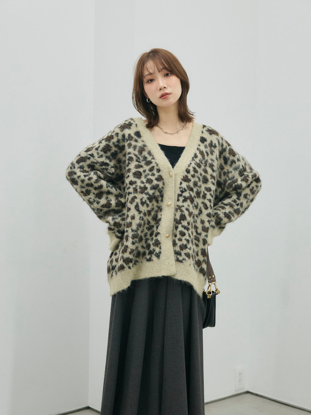 【Allure】[SET]レオパードシャギーニットカーディガン+ウールタッチフレアスカート(2set)