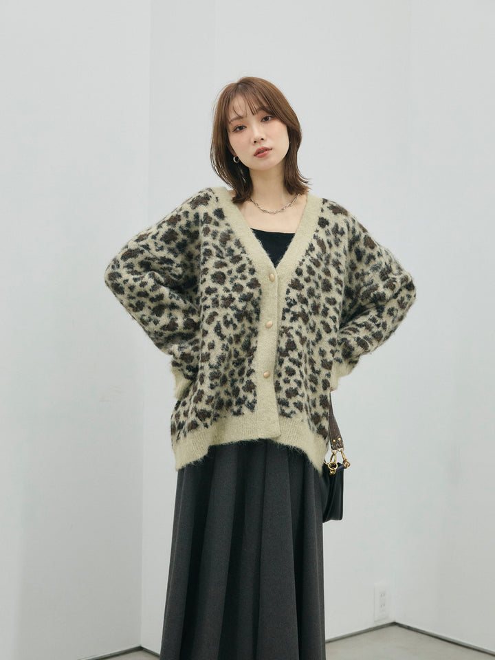 【Allure】[SET]レオパードシャギーニットカーディガン+ウールタッチフレアスカート(2set)