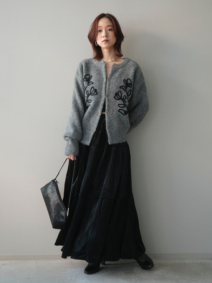 [SET]テープ刺繍ホック開きブークレニットカーディガン+ベロアティアードワッシャースカート(2set)