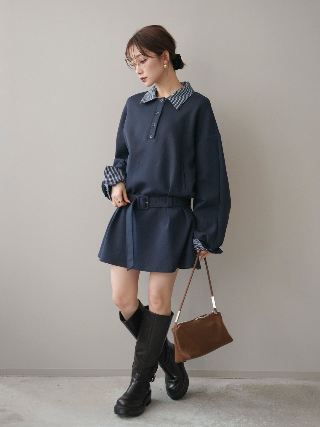 [予約]チェック襟xスエットミニワンピース/blue