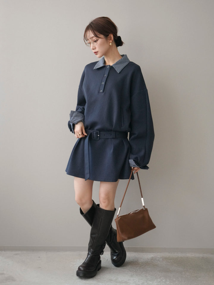 [予約]チェック襟xスエットミニワンピース/blue