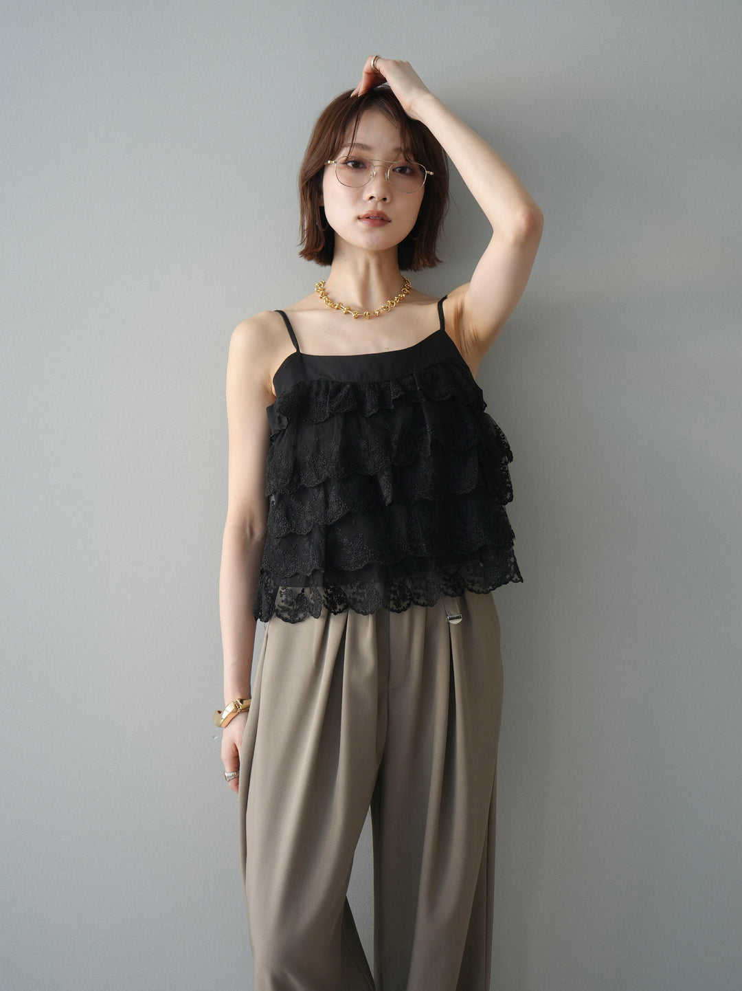 [SET]スカラップレースフリルキャミソール+ベルト付キーホルダーモチーフワイドパンツ(2set)