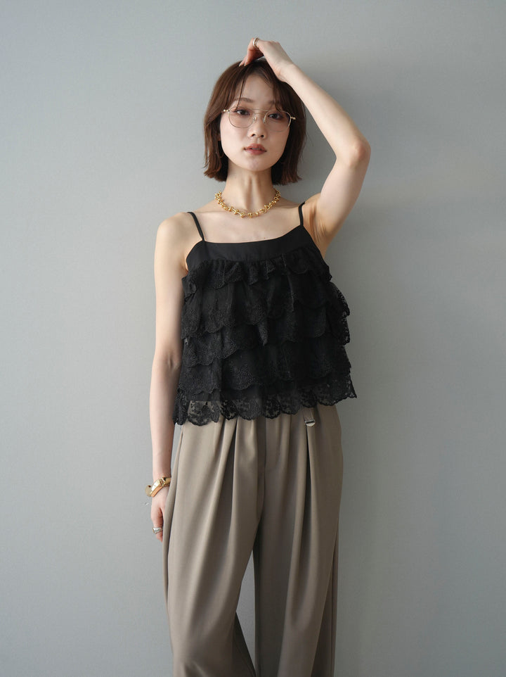[SET]スカラップレースフリルキャミソール+ベルト付キーホルダーモチーフワイドパンツ(2set)