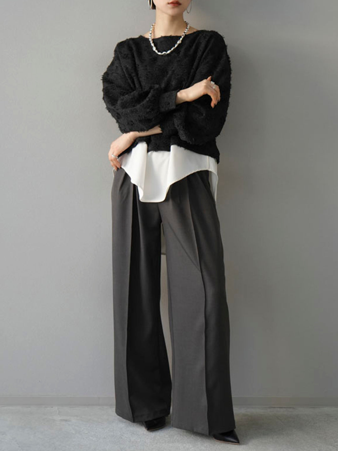 [SET] Feather jacquard back design docking blouse + design tuck wide pants (2set)