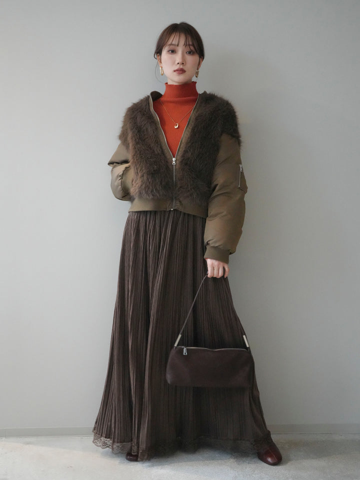 [SET]ファードッキングMA-1+袖ボタンボトルネックリブニットトップス+裾レーススウェードプリーツマキシスカート(3set)