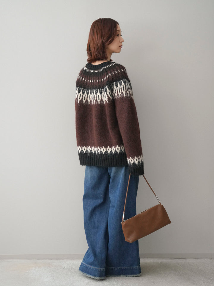 [SET]トグルボタン求心柄ニットカーディガン+裏起毛裾フリンジワイドデニムパンツ(2set)