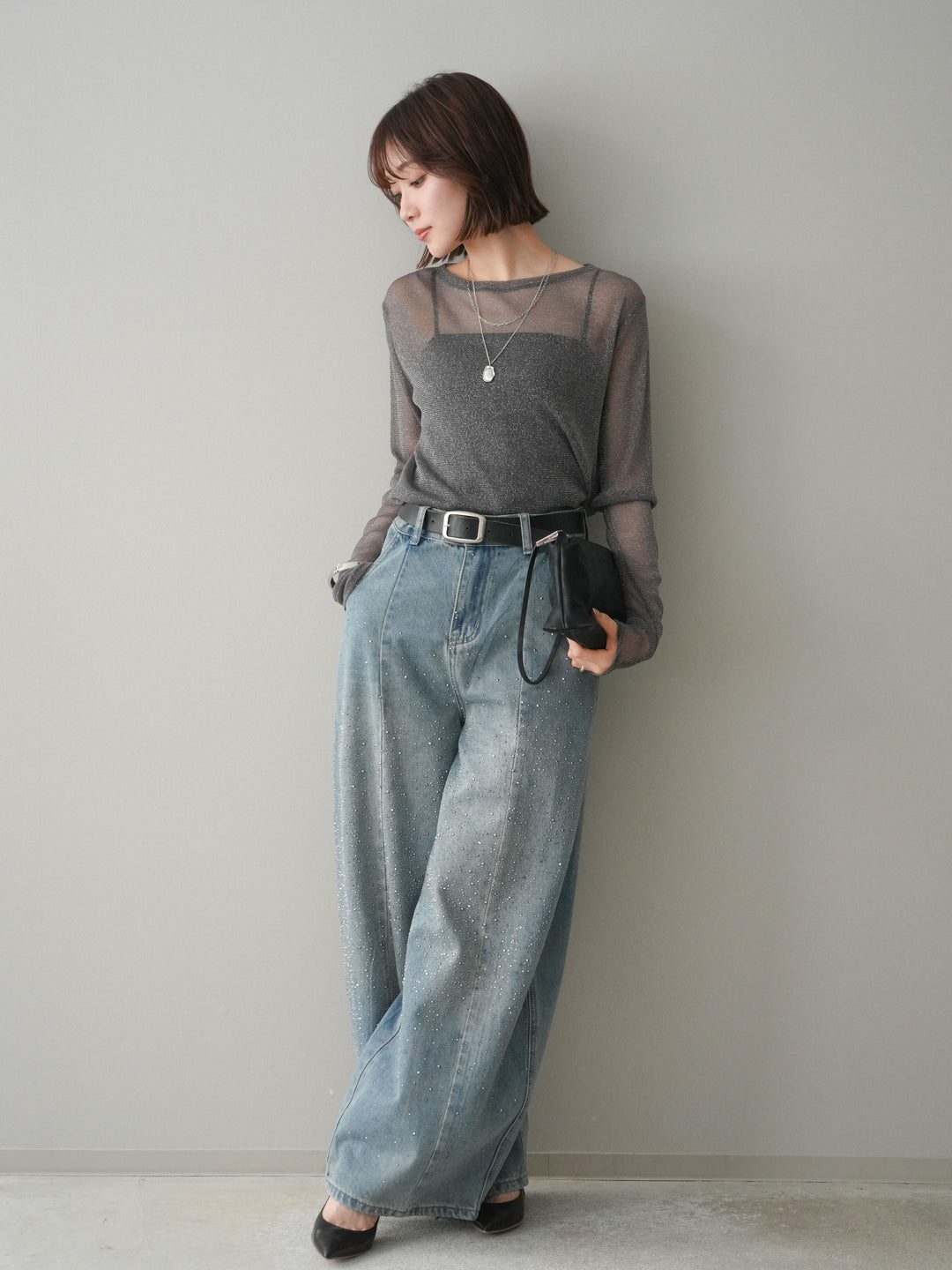 [予約]フロントビジューカーブデニムパンツ/lightblue