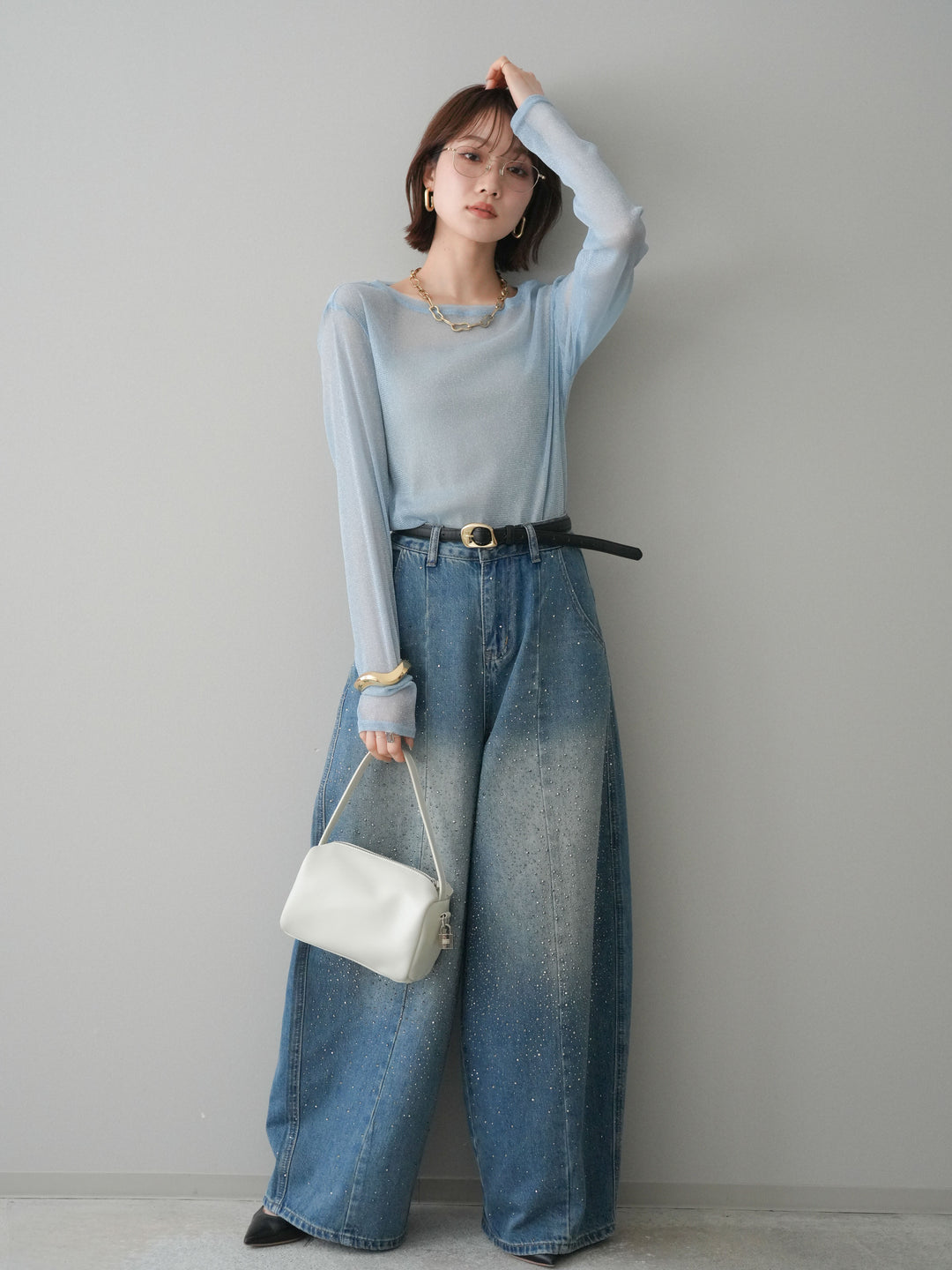 [予約]フロントビジューカーブデニムパンツ/blue