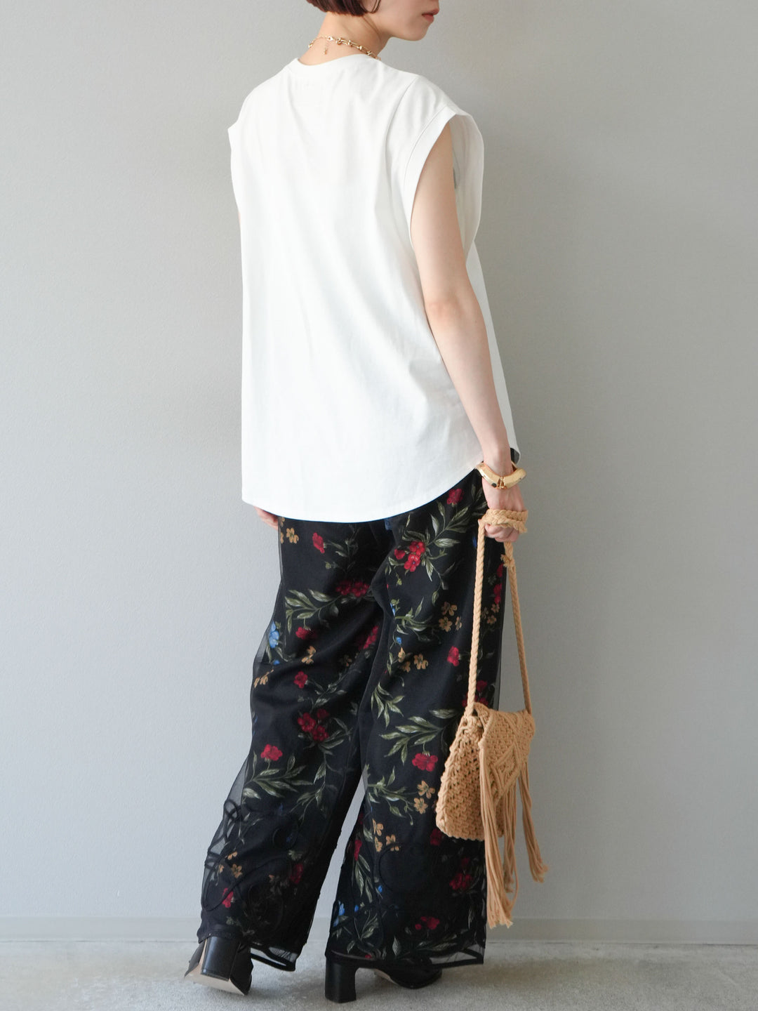 【預購】植物圖案休閒褲/黑色