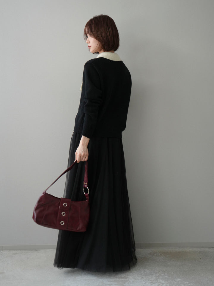 [SET]デザイン襟ニットカーディガン+チュールボリュームスカート(2set)