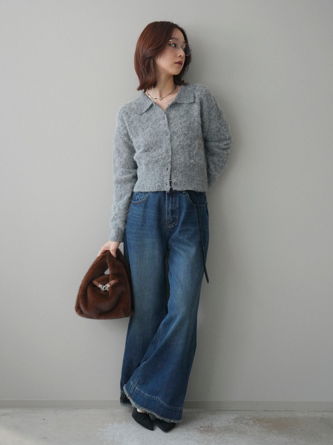 [SET]モヘア衿付きボタンプルオーバー+裏起毛裾フリンジワイドデニムパンツ(2set)