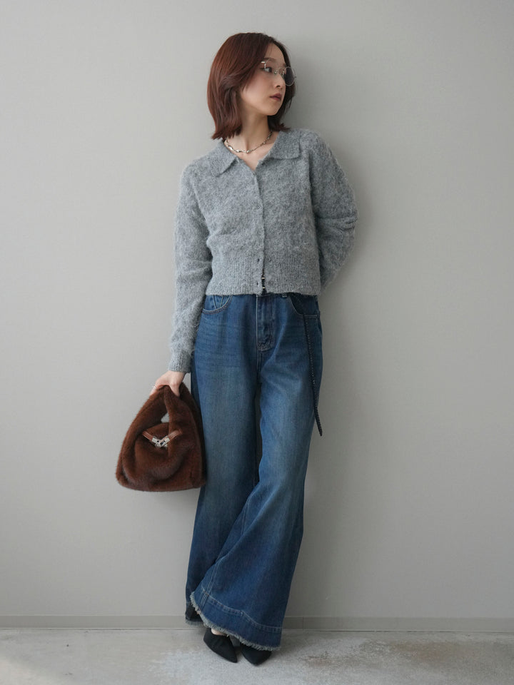 [SET]モヘア衿付きボタンプルオーバー+裏起毛裾フリンジワイドデニムパンツ(2set)