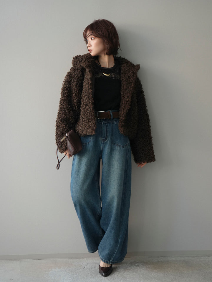 [SET]プードルファーミドルスタンドブルゾン+ベルト付裏起毛カーブデニムパンツ(2set)