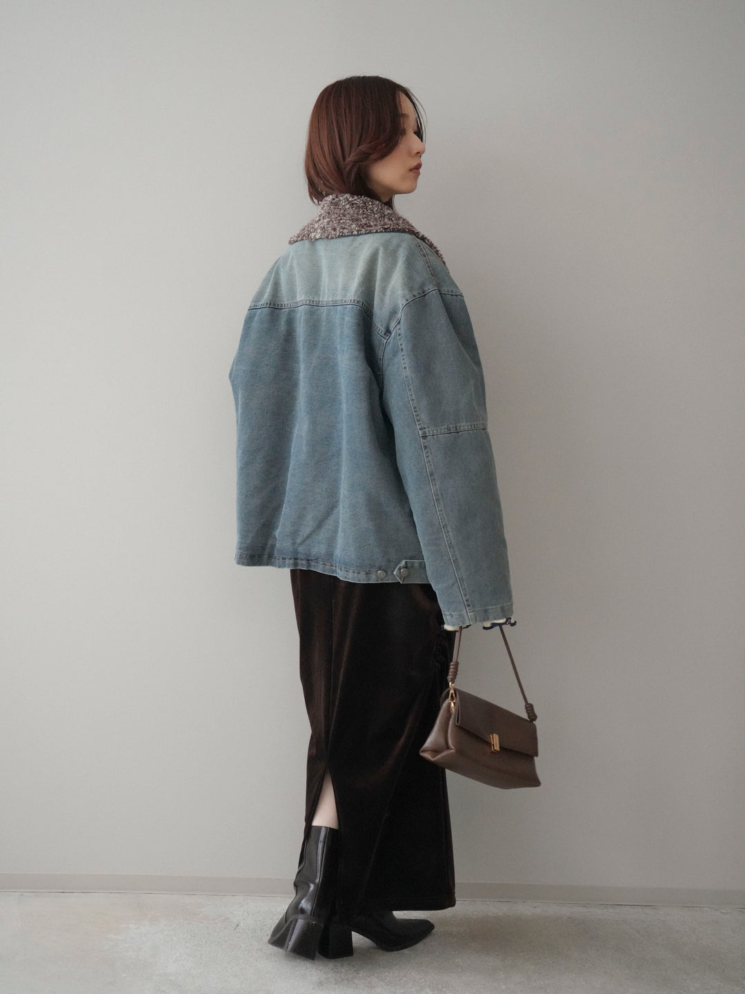 [SET]ミックスボアデニムジャケット+フロントリボン配色メローニットカーディガン+ギャザーベロアスカート(3set)