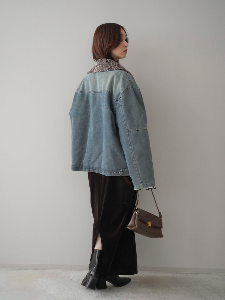 [SET]ミックスボアデニムジャケット+フロントリボン配色メローニットカーディガン+ギャザーベロアスカート(3set)