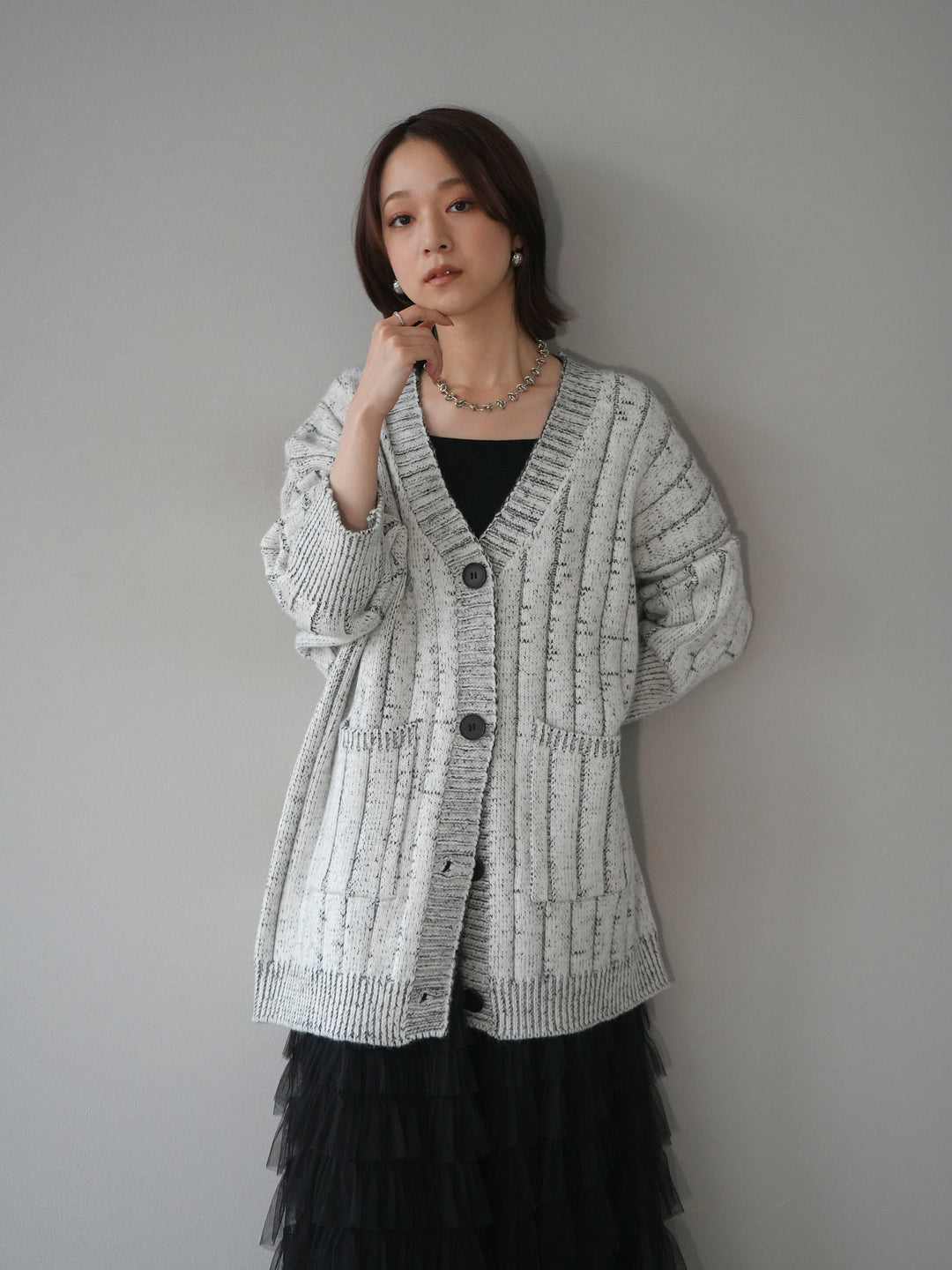 [予約]プレーティングオーバーニットカーディガン/white