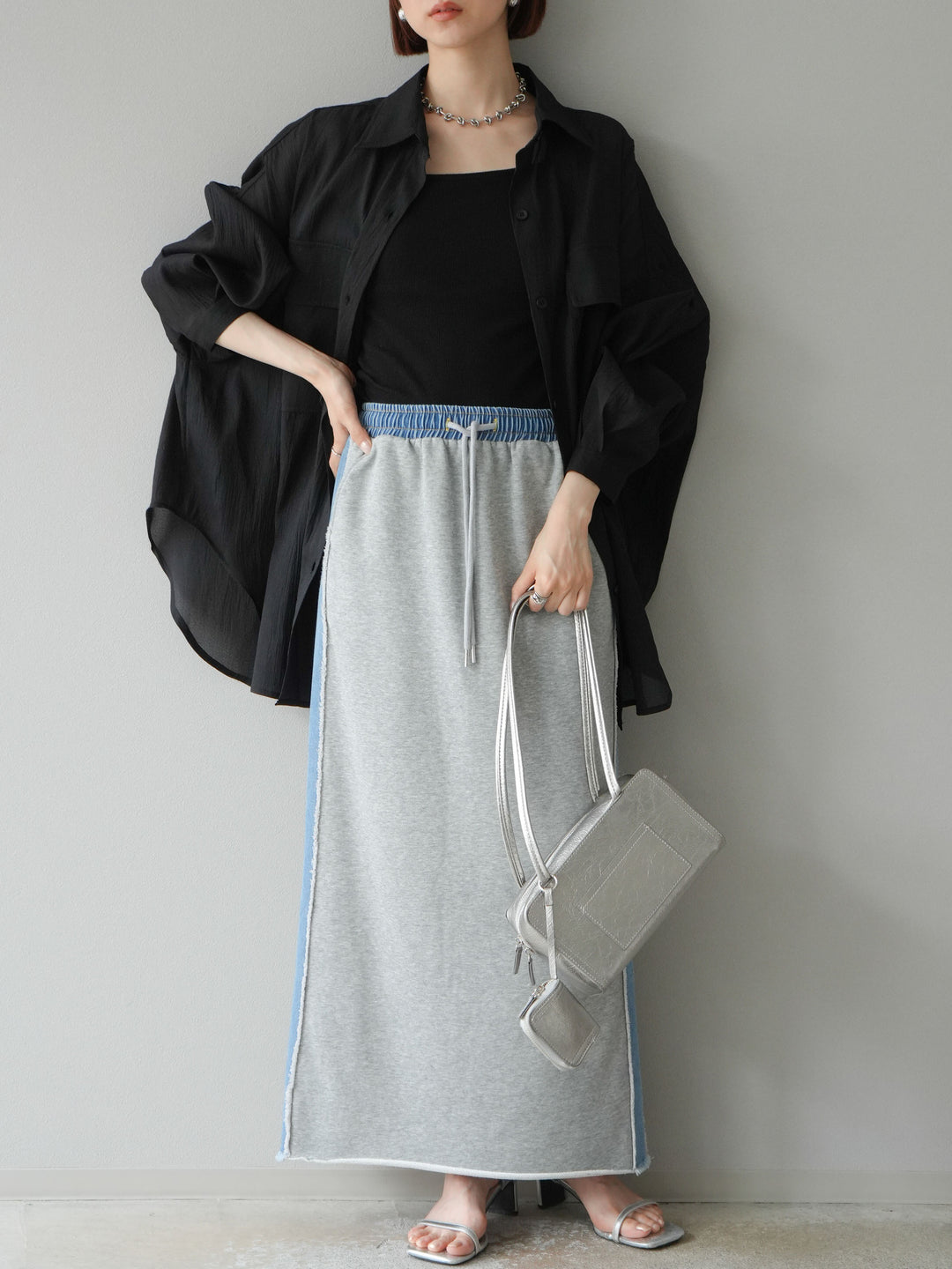 [予約]デニムドッキングスウェットスカート/グレー