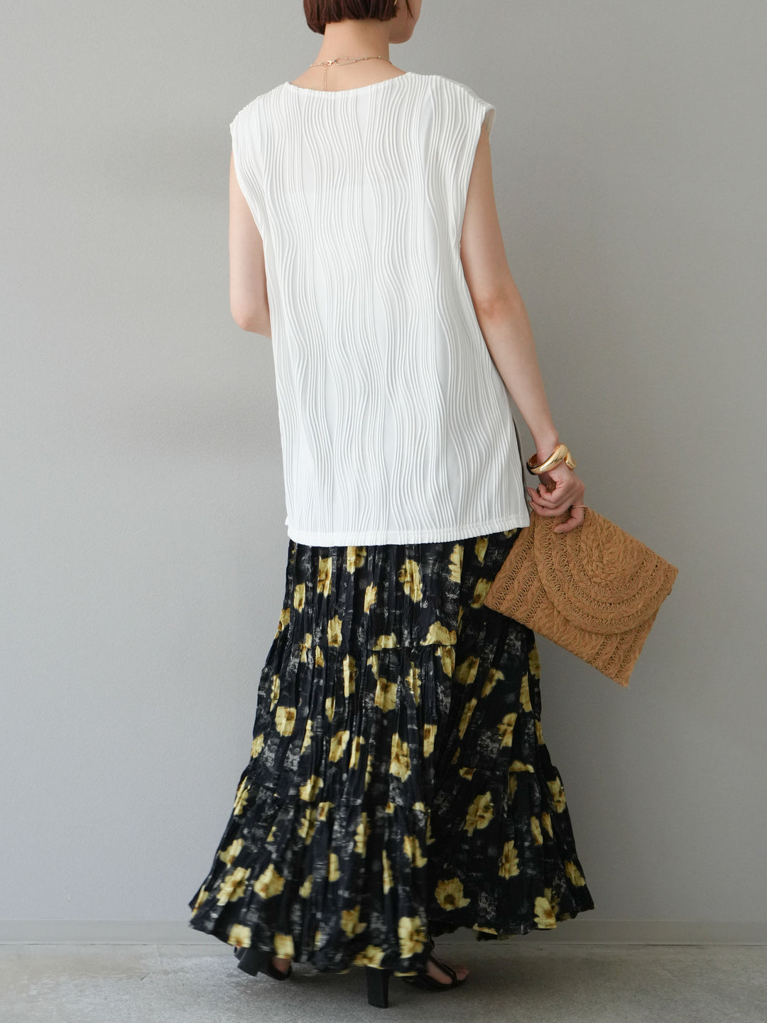 [予約]フラワーワッシャーロングスカート/ブラック