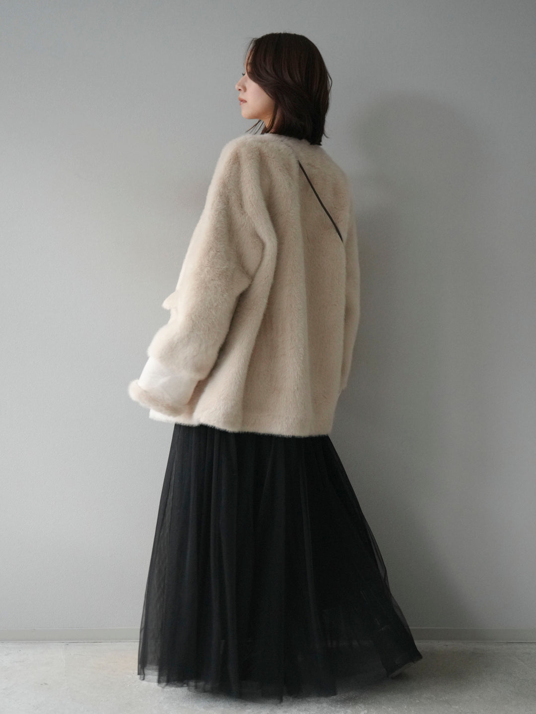 [SET]バッグ付エコファーノーカラーコート+チュールボリュームスカート(2set)