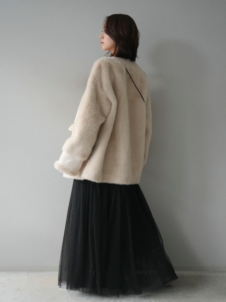 [SET]バッグ付エコファーノーカラーコート+チュールボリュームスカート(2set)
