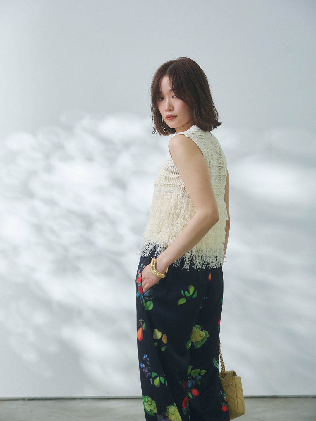 【Allure】[SET]フリンジクロップドニットベスト+ボタニカルプリントイージーパンツ(2set)