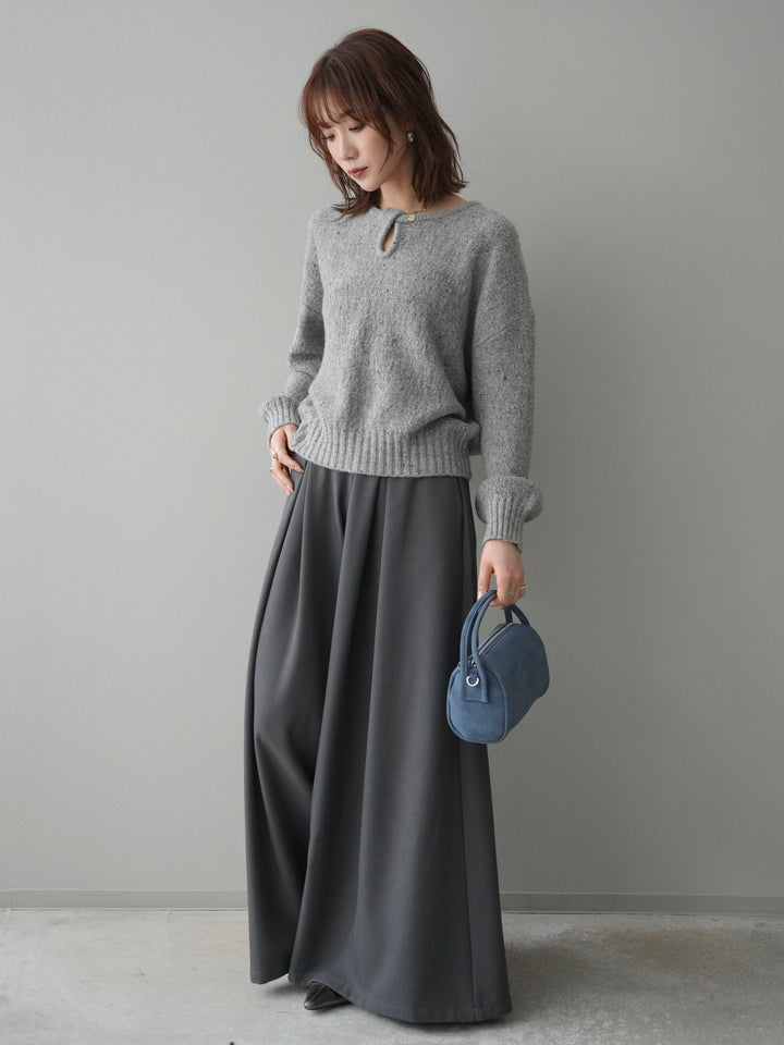 [SET]ツイストネックラメネップヤーンニットプルオーバー+テープベルトタックバギーパンツ(2set)