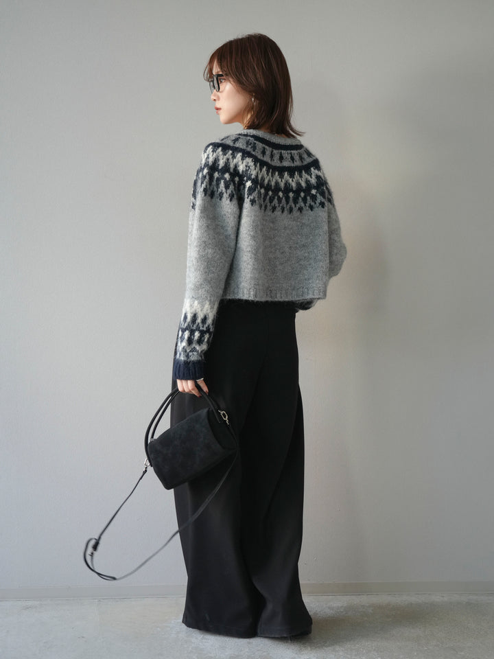 【着回しセット】[SET]求心柄クロップドニットカーディガン+異素材ミックスヤーンニットプルオーバー+ベルトループデザインワイドパンツ(3set)