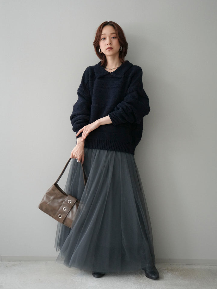 [SET]襟付きボーダー編みニットプルオーバー+チュールボリュームスカート(2set)