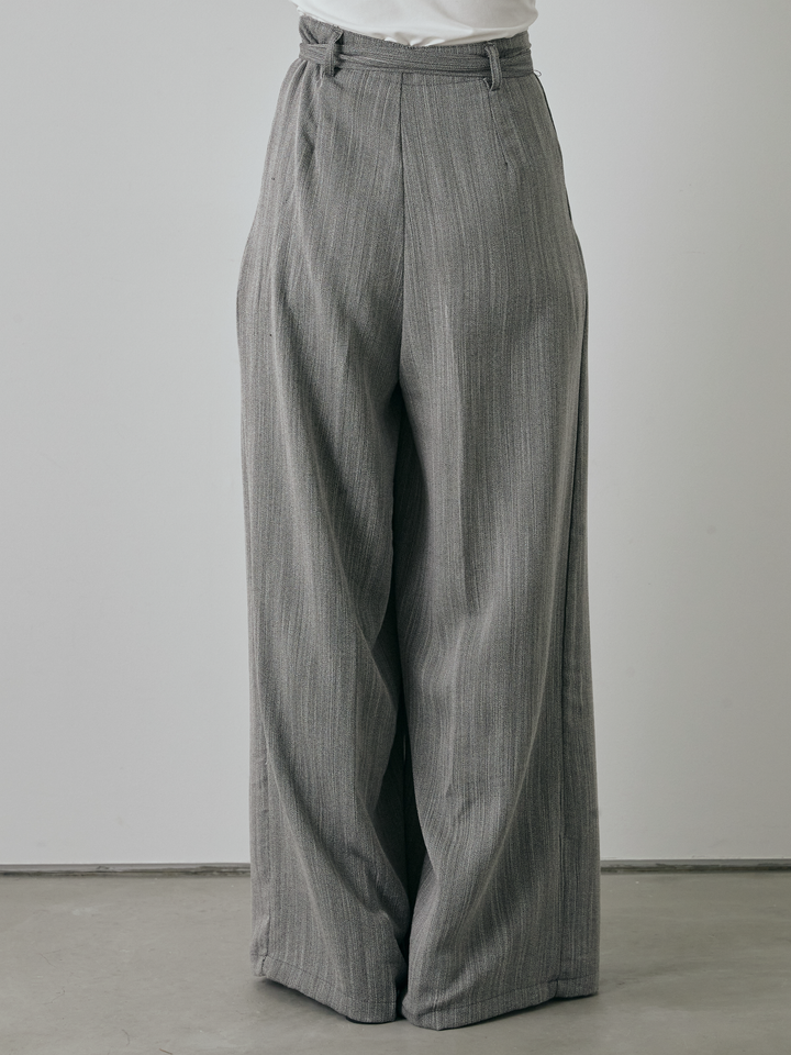 【預購】仿麻腰帶寬褲/灰色