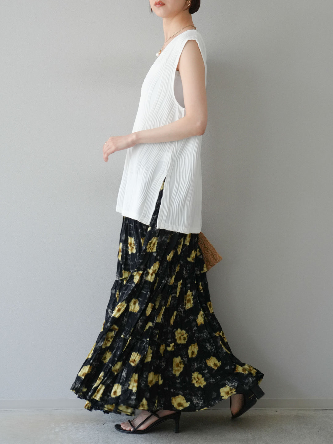 [予約]フラワーワッシャーロングスカート/ブラック