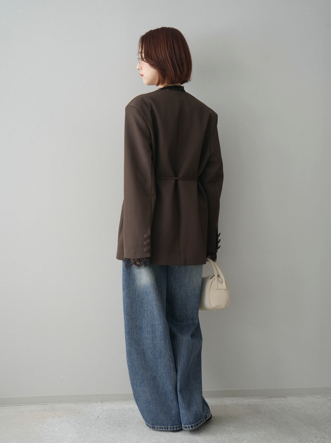 [SET]ノーカラーレースジャケット+カップ付テレコリブベアキャミソール+ダメージデニムセミワイドパンツ(3set)