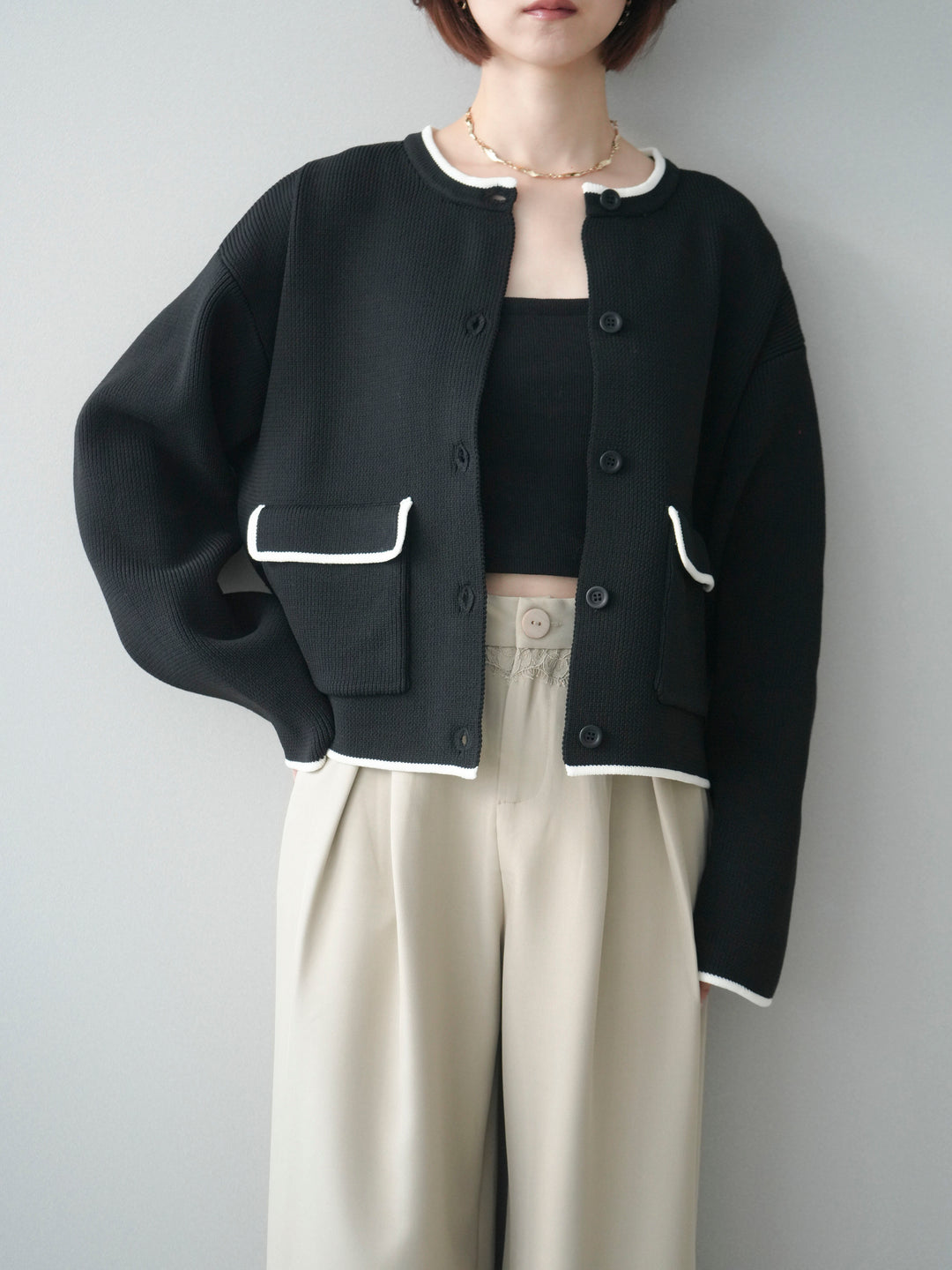 [SET]ポリエステル配色ニットカーディガン+ウエストレースタックワイドパンツ(2set)