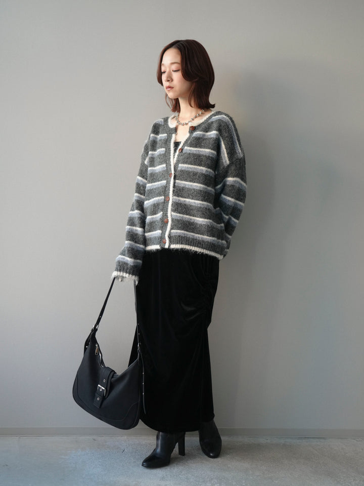 [SET]ウールタッチ配色ボーダーニットカーディガン+ギャザーベロアスカート(2set)