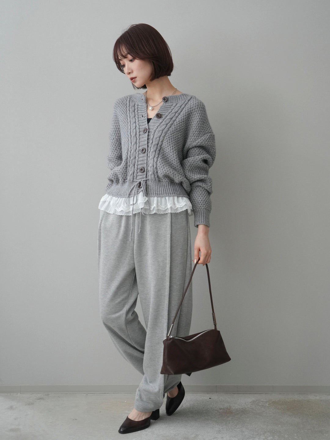 [SET]裾レースケーブルニットカーディガン+2WAYデザインスウェットパンツ(2set)