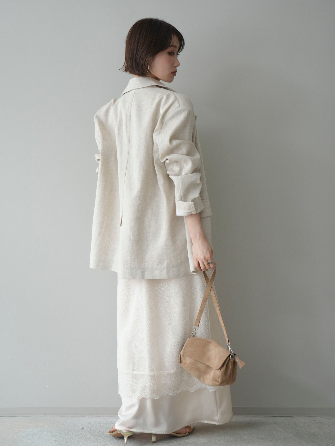 [SET]サテンレースレイヤードキャミワンピース+リネンタッチオーバージャケット(2set)