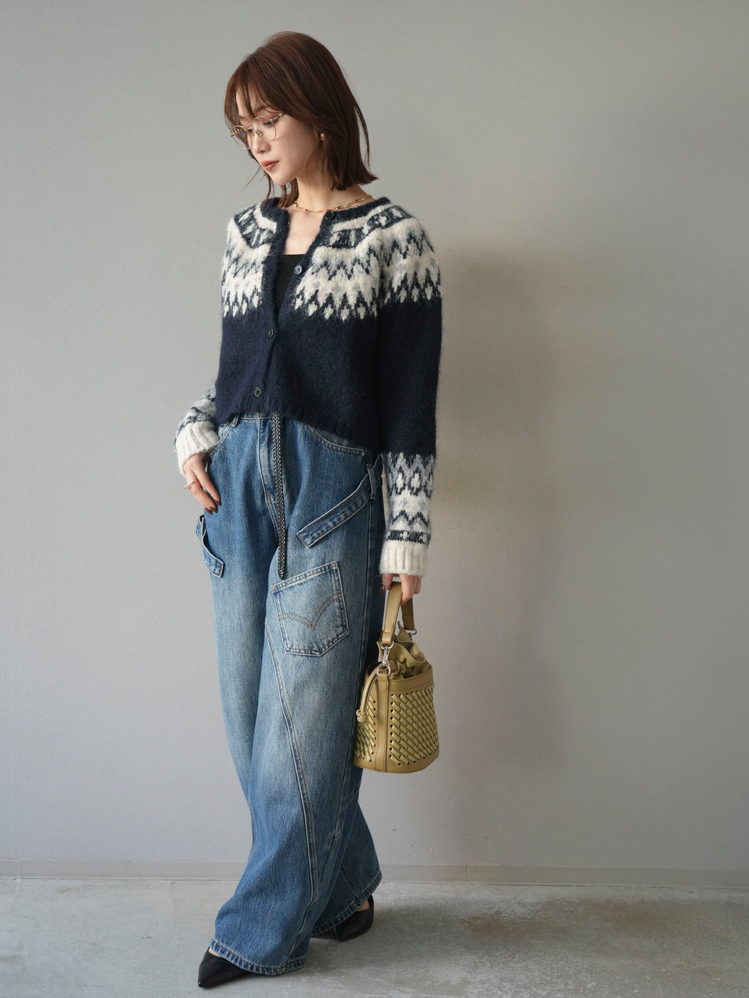 【着回しセット】[SET]求心柄クロップドニットカーディガン+ミックスヤーンペイズリー柄ニットカーディガン+ペインターカーブデニムパンツ(3set)