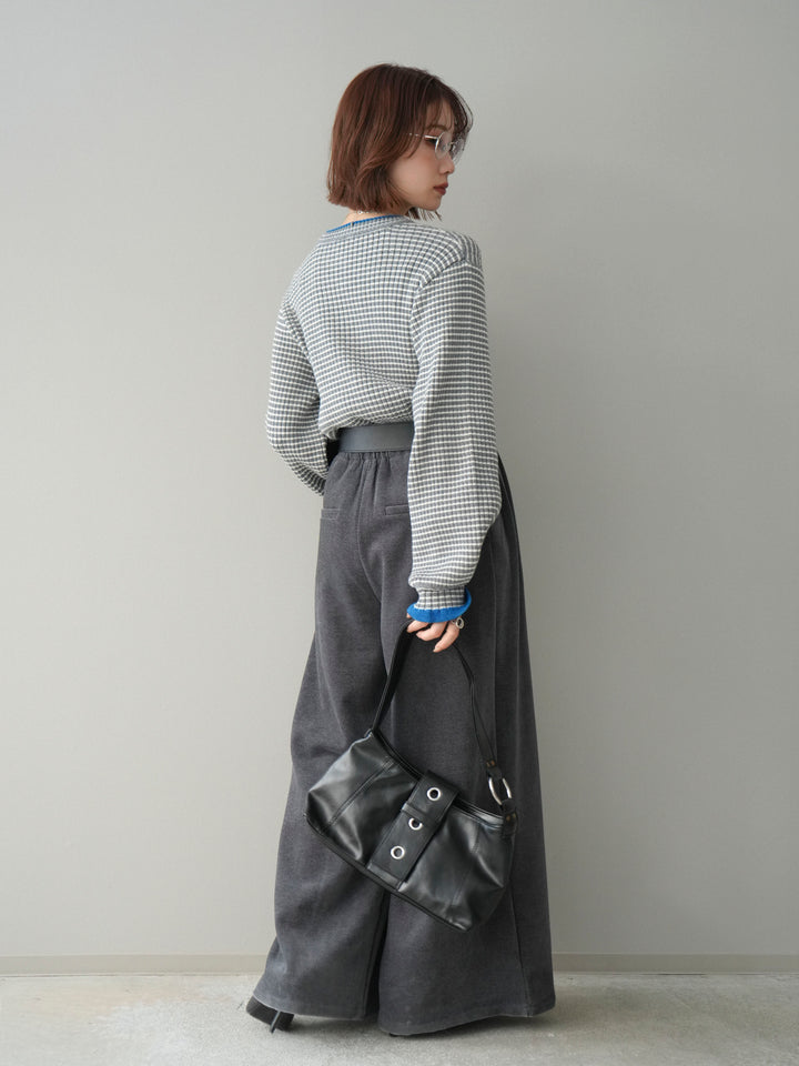 [SET]ラメ異素材ボーダーリブニットプルオーバー+ベルトデザインループコールテンワイドパンツ(ベルト付き)(2set)