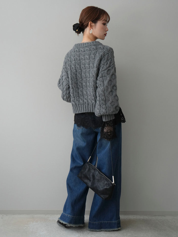 【着回しセット】[SET]バルキーケーブルクロップドニットプルオーバー+アンゴラタッチクルーネックニットプルオーバー+チュールレーストップス(3set)