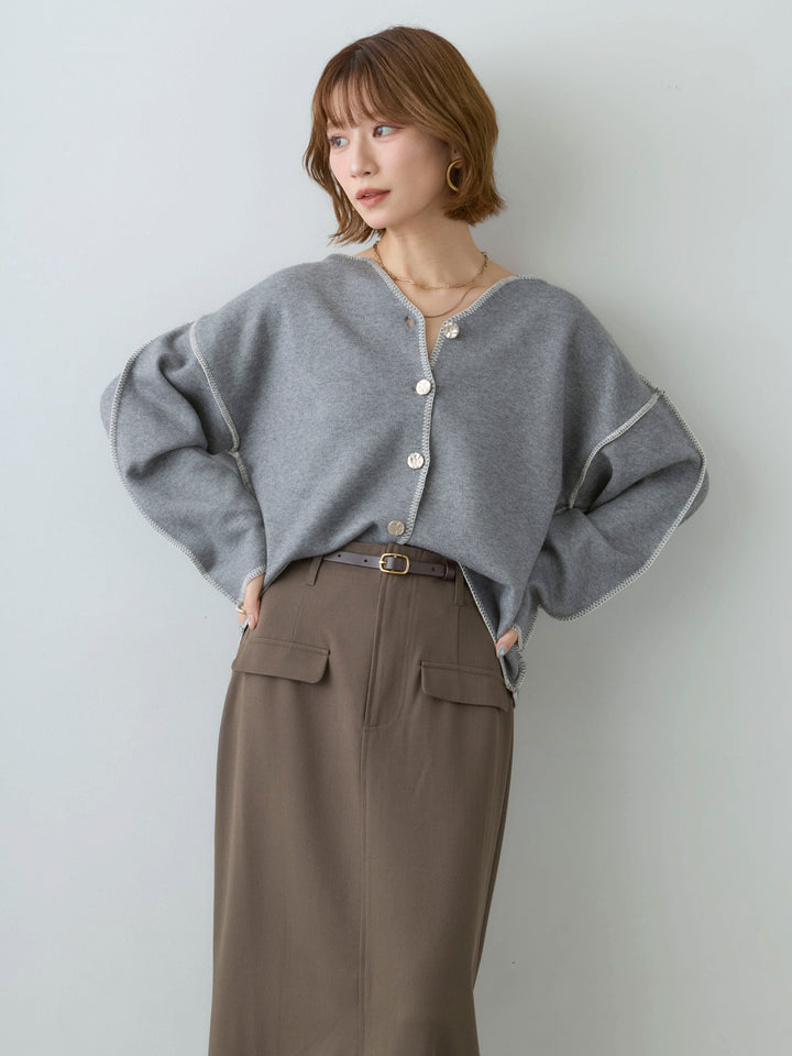 [SET]バイカラーステッチメタルボタンカーディガン+クレープデシンフラップ付きストレートスカート(2set)