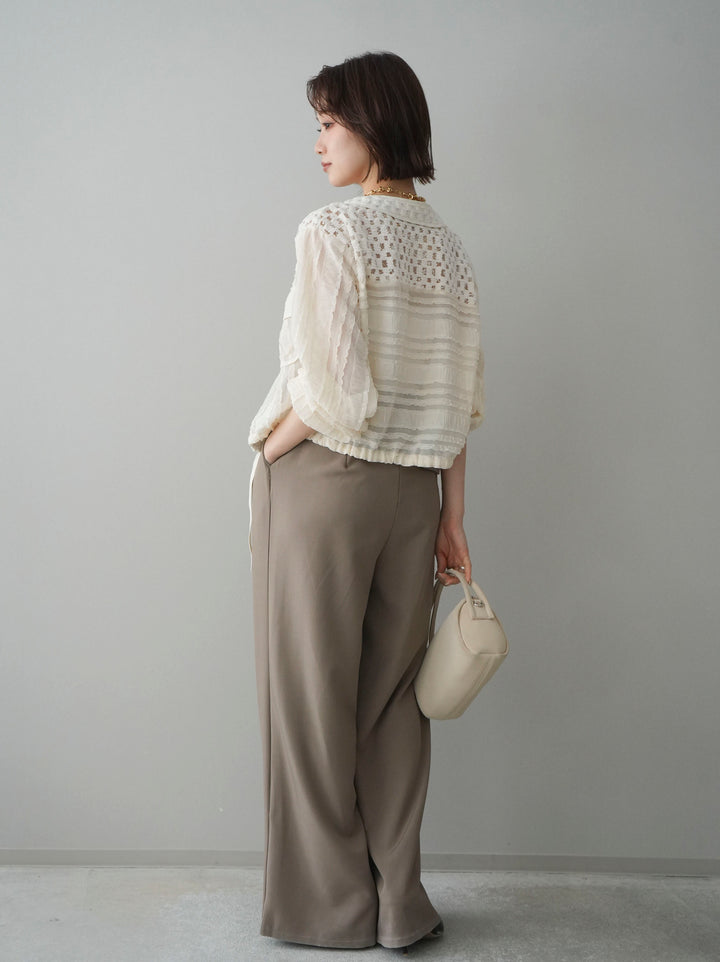 [SET]パッチワークシアーフリルブルゾン+カップ付テレコリブベアキャミソール+ベルト付キーホルダーモチーフワイドパンツ(3set)